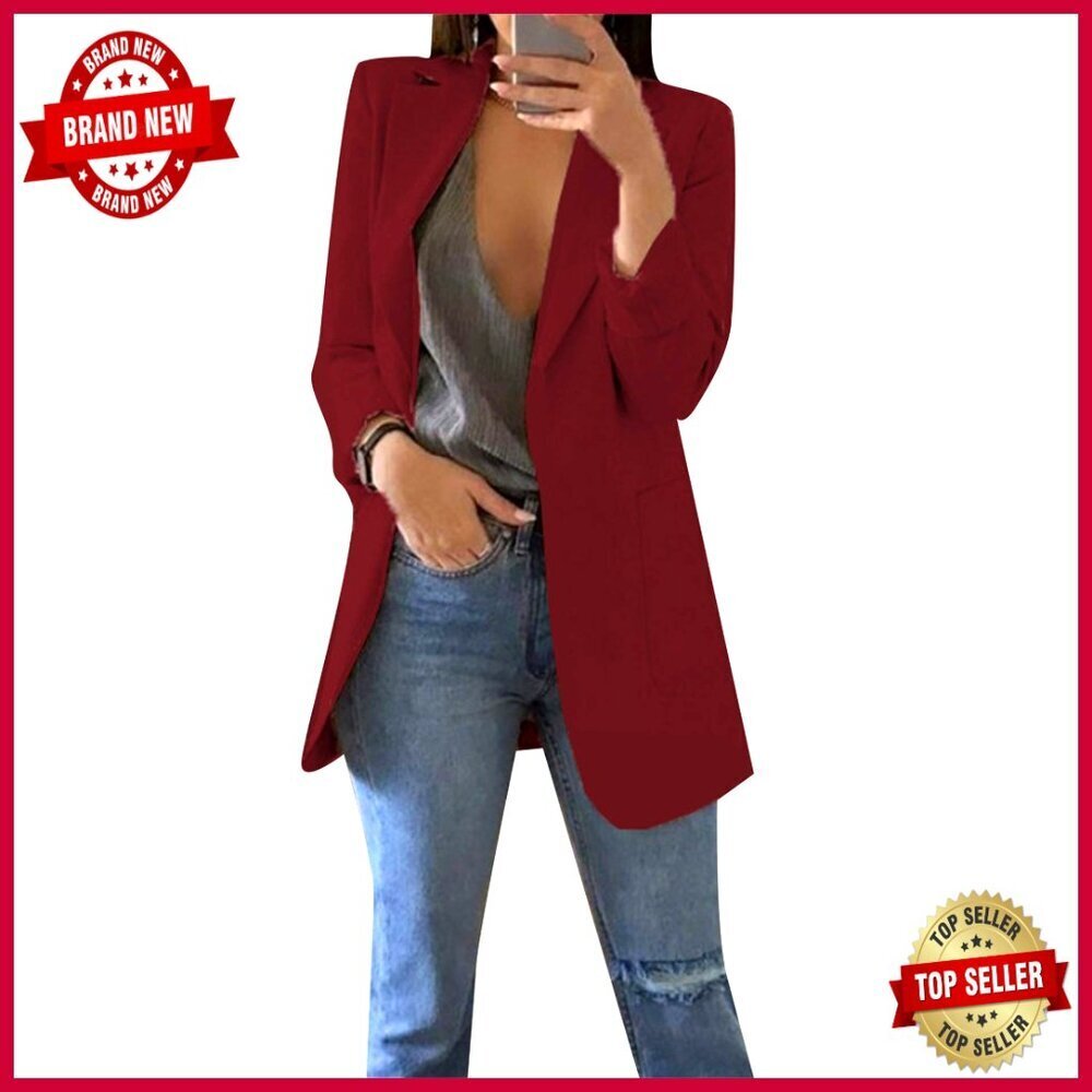 Long Sleeve Blazer Jacket with Lapel Pockets Open Front Coat